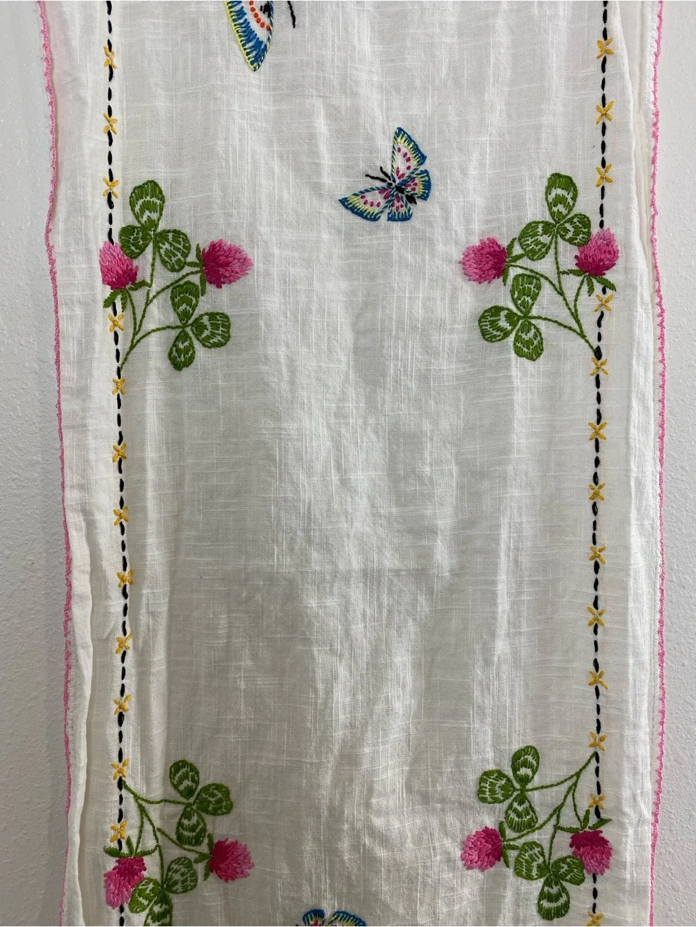 Vintage Embroidered Table Runner with Butterflies & Flowers